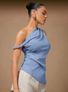 Hauture Women Summer Asymmetrical Shoulder Ruched Top, Summer Tops, For Daily, Date Night, Concerts, Performances, Parties, Clubs - Blue - View 5