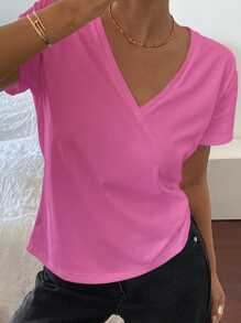 Livesso Camiseta casual holgada de manga corta con cuello en V de unicolor para mujeres, casual de oficina