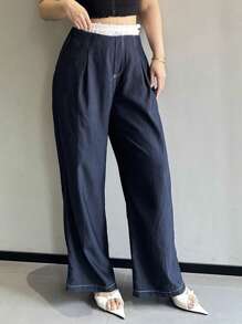 Dazy Plus Lace Paneled Waist Wide Leg Casual Palazzo Pants - Navy Blue - View 7