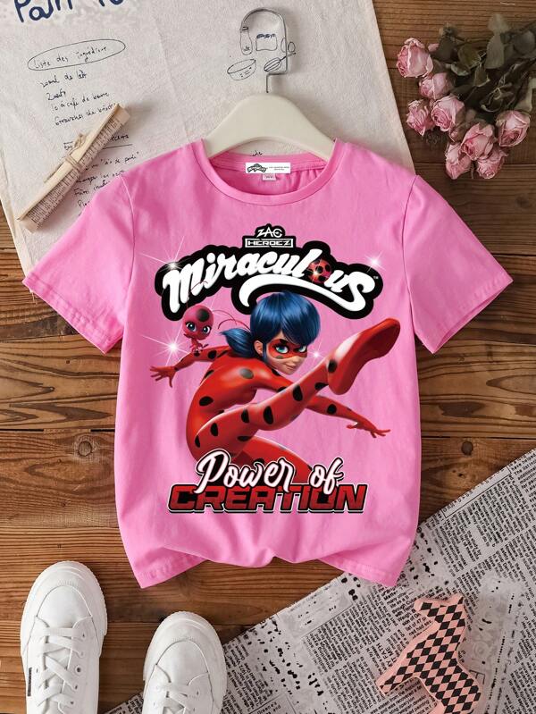Miraculous Ladybug X SHEIN Kleine Mädchen Rosa Kurzarm Lässig T-Shirt mit niedlichem Cartoon-Portrait-Muster