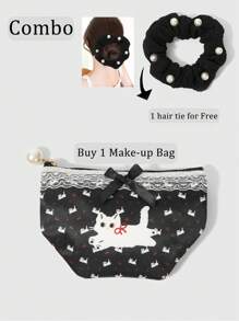 ROMWE Kawaii Set 2 buah Dompet Koin Kompak Motif Kucing dan Pita dengan Hiasan Renda dan Ikat Rambut Mutiara - MultiWarna - View 2