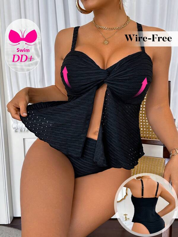 Swim DD+ Damen Einfarbiger Twist Knoten Offener Saum Sexy Tankini Badeanzug Set, Sommer Strand