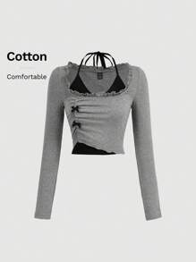 SHEIN MOD Women's Grey 2 In 1 T-Shirt, Bow Knot Top, Knitted Autumn Top,Black Top,Fall Tops,Long Sleeve Top,Back To School Clothes