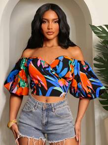 SHEIN SXY 春夏波西米亚风度假优雅休闲西式音乐节女装多色植物印花亚麻面料泡泡袖褶皱短款上衣 - 彩色 - 查看 5