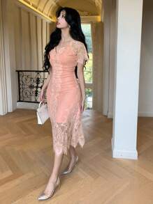 DAZY Rochie midi cu mâneci cu volane, culoare umbrită, pentru femei - Verde - Vizualizare 3