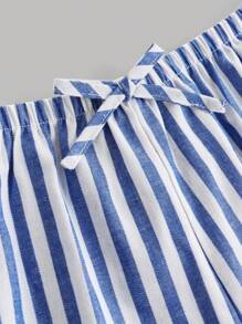 SHEIN Teen Girl Striped Low-Rise Shorts For Summer Vacation Beach Casual Shorts Home Shorts - Blue and White - View 2
