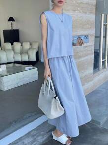 DAZY 2pcs/Set Women Solid Color Tank Top & Skirt, Business Casual