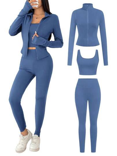 SHEIN EZwear Hazy Blue Knit Women's Zip Front Jacket, Top And Leggings 3 Piece Sportwear Set Island Vacation Outfits