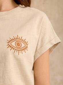 Poéselle Camiseta de 100% algodón con bordado de patrón de ojo simbólico, conjunto de verano, esencial para la temporada de bodas, camiseta bordada estilo "Cottagecore", de manga corta, estilo casual chic y sin esfuerzo