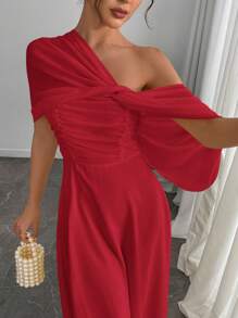 Rafferiza Women's Elegant Long Solid Color Dress With Shawl Collar, Spring/Summer - Red - View 3