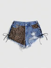 ROMWE Grunge Punk Vintage Sexy Leopard Print Patchwork Rivets Distressed Frayed Hem Women Denim Shorts, Street Fashion - Blue - View 1