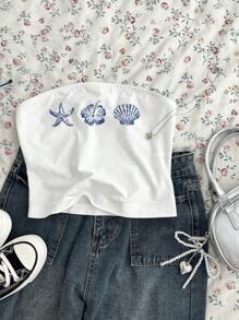 Attitoon Women's Casual Tight Short Bustier Top Suitable For Summer, With Oceanic Prints Including Starfish, Seashell Tube Top - White - View 4