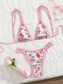 SHEIN Swim Mod 夏季度假性感时尚全水果印花撞色泳衣上衣和下装双肩带两件套泳衣 - 彩色 - 查看 2