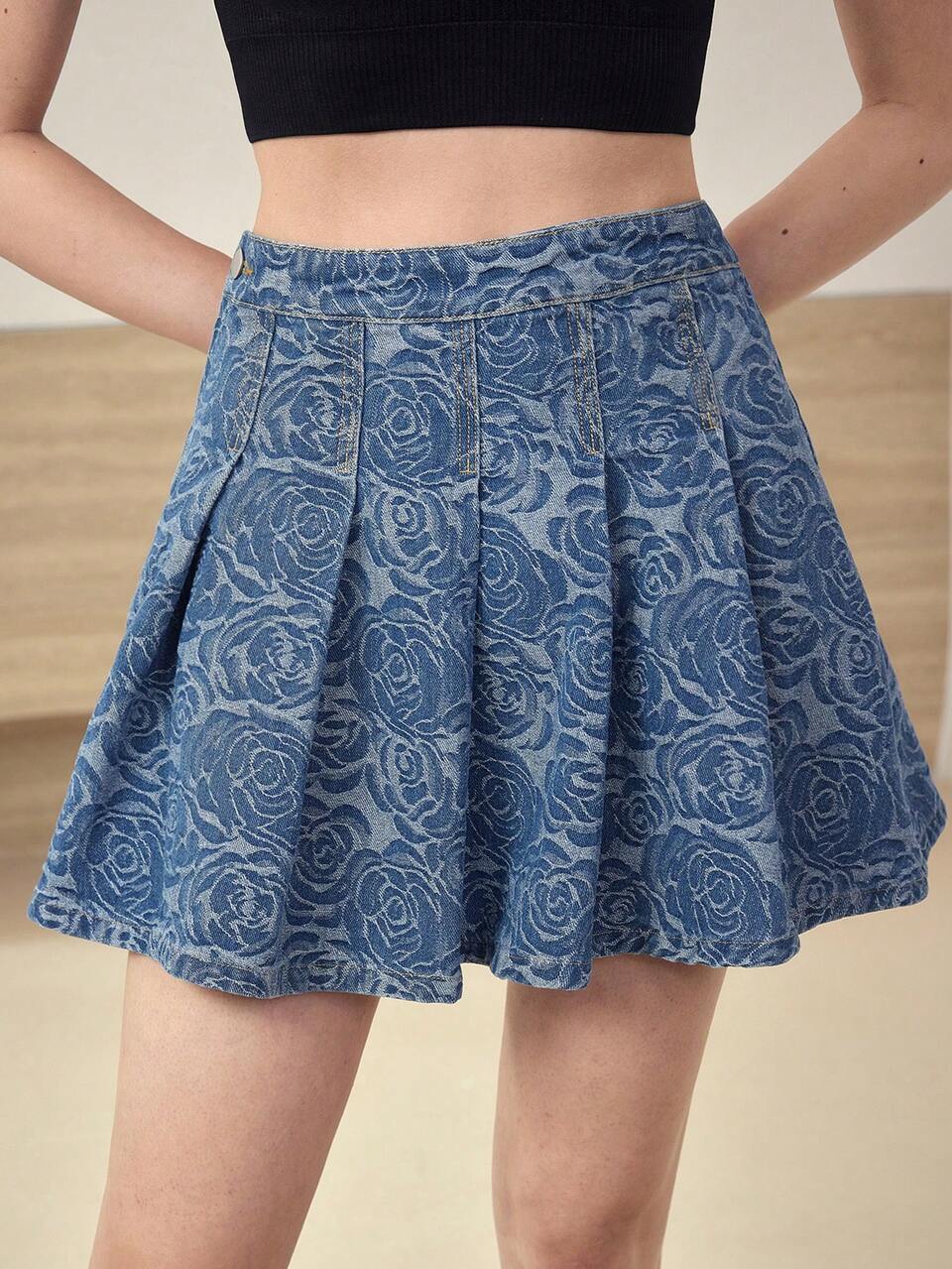 MOTF STUDIO JACQUARD BUTTON PLEATED DENIM SKIRT