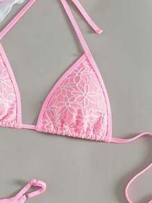 Swim Mod 3pcs/Set Women's Textured Fabric Twist Front Spaghetti Strap, Elegant Tank Top, Bikini Set For Summer - Pink - View 5