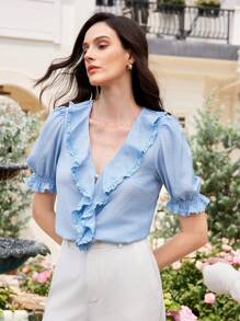 Chiquease 休闲野餐浅蓝色竖条纹短袖荷叶边泡泡袖浪漫衬衫 - 藍色 - 查看 1