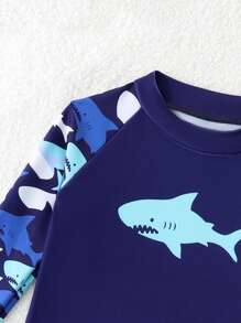 SHEIN Young Boy Cartoon Shark Print Swimsuit Set , Suitable For Beach Swimming