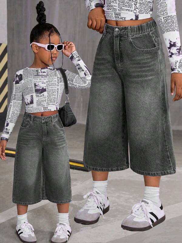 Girls/Teens' Oversized Loose Fit Casual Washed Soft Retro Straight Wide Leg Denim Shorts, Thin Fabric, Spring/Summer