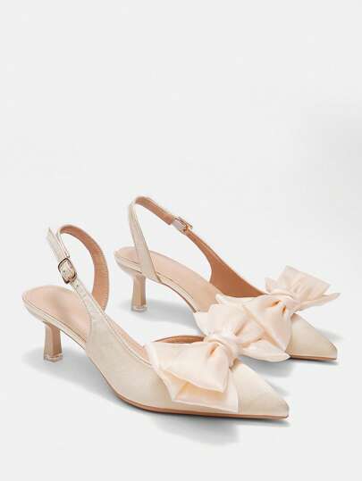 CUCCOO CURVES Zapatos de tacón alto tipo slingback de satén color albaricoque con punta afilada, de ancho amplio y talla grande, adecuados para todas las estaciones