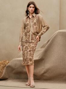 Anewsta 2pcs Textured Embossed Jacquard Elegant Office Lady Chic Blouse & A-Line Skirt Set, Suitable For Spring, Festivals, Casual, Vacation, Holiday, Old Money - Brown - View 6