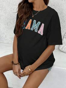 SHEIN 孕妇和哺乳休闲字母印花圆领短袖T恤，夏季 - 黑色 - 查看 4