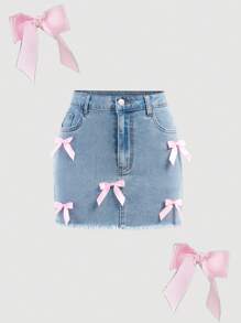 SHEIN 少女粉色蝴蝶结和蓝色牛仔弹力修身迷你裙 - 淺色水洗藍 - 查看 1