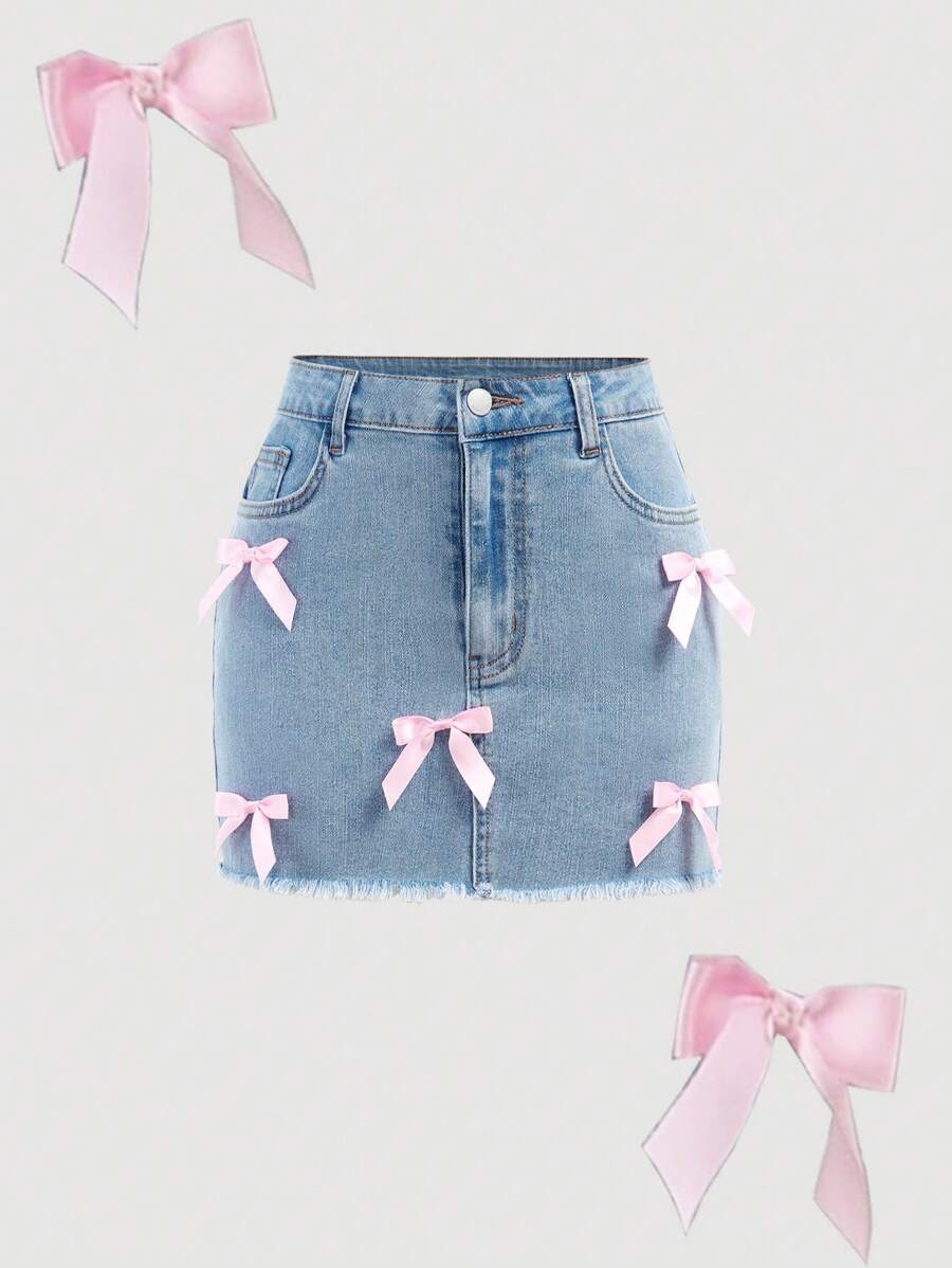 SHEIN 少女粉色蝴蝶结和蓝色牛仔弹力修身迷你裙 - 淺色水洗藍 - 查看 1