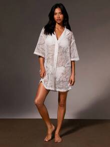 Athîral Camicia/blusa da donna ampia e trasparente, a spalle scoperte, a bottoni singoli, con taglio botanico