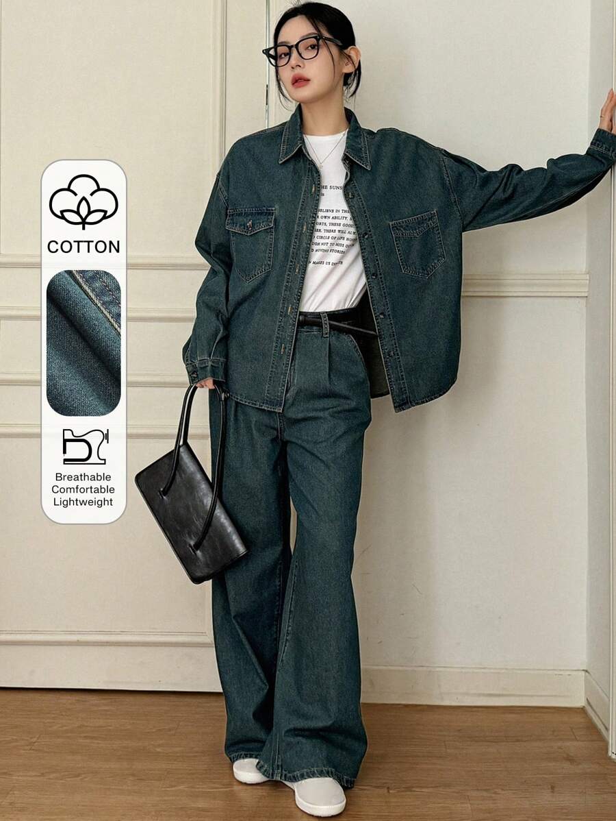 DAZY 女士休闲前扣长袖口袋衬衫长裤套装（2件套），秋冬家居服套装 - 藍色 - 查看 1