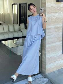 DAZY 2pcs/Set Women Solid Color Tank Top & Skirt, Business Casual