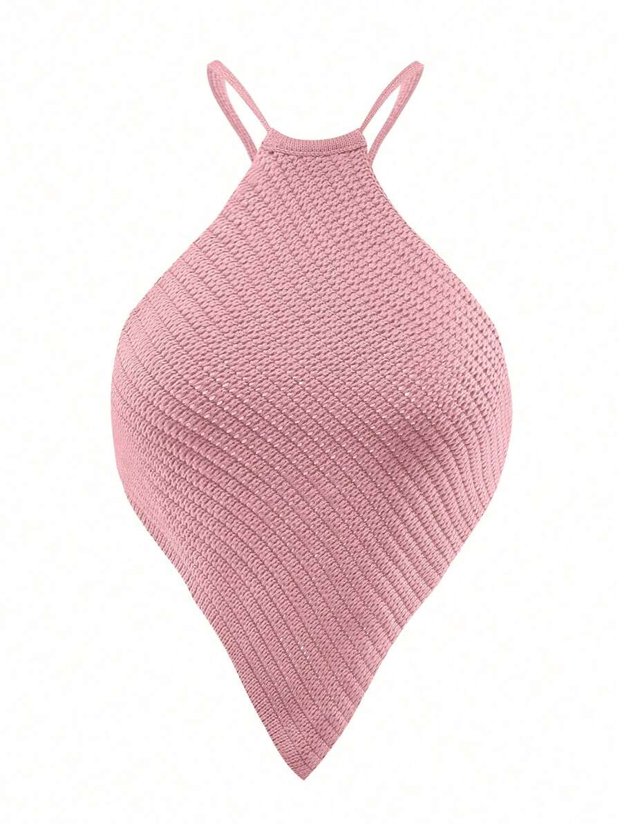 Olithes Top corto de punto con cuello de halter sin espalda y unicolor para mujer de verano - Rosa - Ver 1
