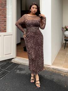 Dazy Plus Plus Size Leopard Print Contrast Mesh Long Sleeve Street Style Dress, Spring/Fall - Coffee Brown - View 3