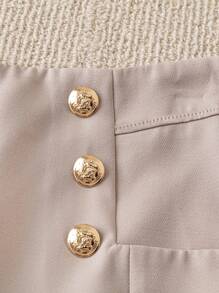 Franclia Shorts Casual Inelástico De Cor Lisa Com Bolsos E Decoração Em Metal Para Mulheres, Versátil E Elegante - Caqui - Ver 5