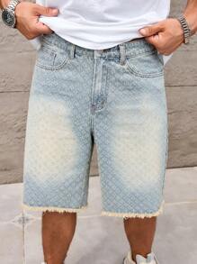 Manfinity Homme 男士休闲牛仔百慕大短裤，轻盈水洗纹理面料，磨边下摆，拉链开合