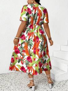 SHEIN Frenchy Plus Size Floral Print Dress Elegant Vacation Fashion V-Neck Waisted Flared Dress, Multi-Color Daily Outfit,Summer Outfits For Women,Sun Dresses For Women