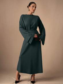 SHEIN Cottnline Elegant Commuting Solid Color Bell Sleeve Dress - Dark Green - View 4