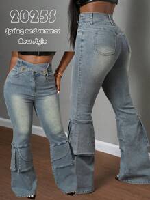 Slaydiva 2025年夏季新款音乐节、生日派对、毕业典礼、学生休闲日常、度假、邮轮旅行、海滩、日光浴热门街头风格朋克牛仔裤，不对称腰带，金属扣，口袋，喇叭裤，蓝色，女式长牛仔裤