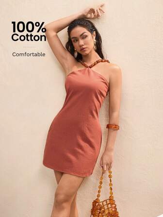 BY FELIZIA Women's Brown Solid Beaded Camisole Summer Mini Dress Vacation Sundress