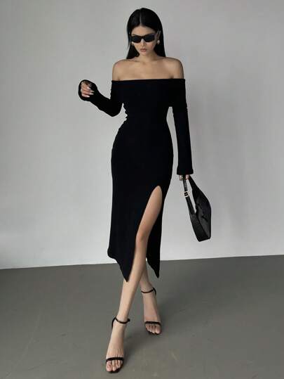 DAZY 女式露肩收腰高开衩长款紧身连衣裙，黑色