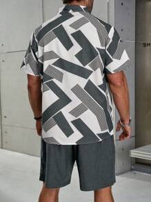 Manfinity Homme 2pcs Plus Size Men's Summer Casual Colorblock Print Shirt And Shorts Set - Dark Grey - View 2