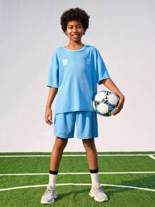 JNSQ Back To School Clothes, Tween Girl And Boy Outdoor Sports Short Sleeve Shorts Uniform Set, Children's Contrast Color Crew Neck Outdoor Sports Short Sleeve Uniform Set - Blue - View 3