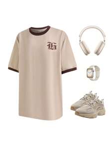 SHEIN 1-Pack Teen Boy Casual Sports College Art Retro With English Pattern And Contrasting Collar And Cuffs Round Neck Khaki T-Shirt Suitable For Back To School Boys Suitable For Daily Use Suitable For Daily Use Suitable For School Suitable For Travel Suitable For Sports Suitable For Spring And Summer Seasons - Khaki - View 3