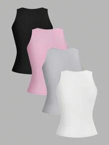 SHEIN EZwear 4件組女款性感短版緊身背心，適合夏季 - 彩色 - 查看 2