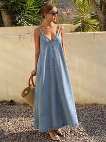 Livesso Vestido vaquero holgado de unicolor, informal y sin mangas para vacaciones de verano para mujeres