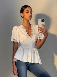 Chiquease 女士优雅法式V领腰短袖白色衬衫