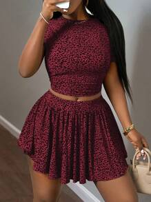 Slaydiva 新款春夏休闲基础运动风简约圆领短袖两面聚拢短T恤+摆伞裙两边短款前后中长款小豹纹针织面料女两件套