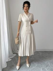 Elenzga 女士法式通勤优雅下午茶会商务休闲办公室别致简约高端翻领金属纽扣双排扣褶边短袖连衣裙，春夏 - 杏色 - 查看 7