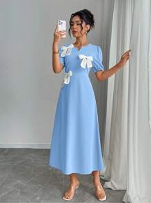Elenzga 女款優雅對比色A字版泡泡袖洋裝，附3D蝴蝶結裝飾 - 藍色 - 查看 6