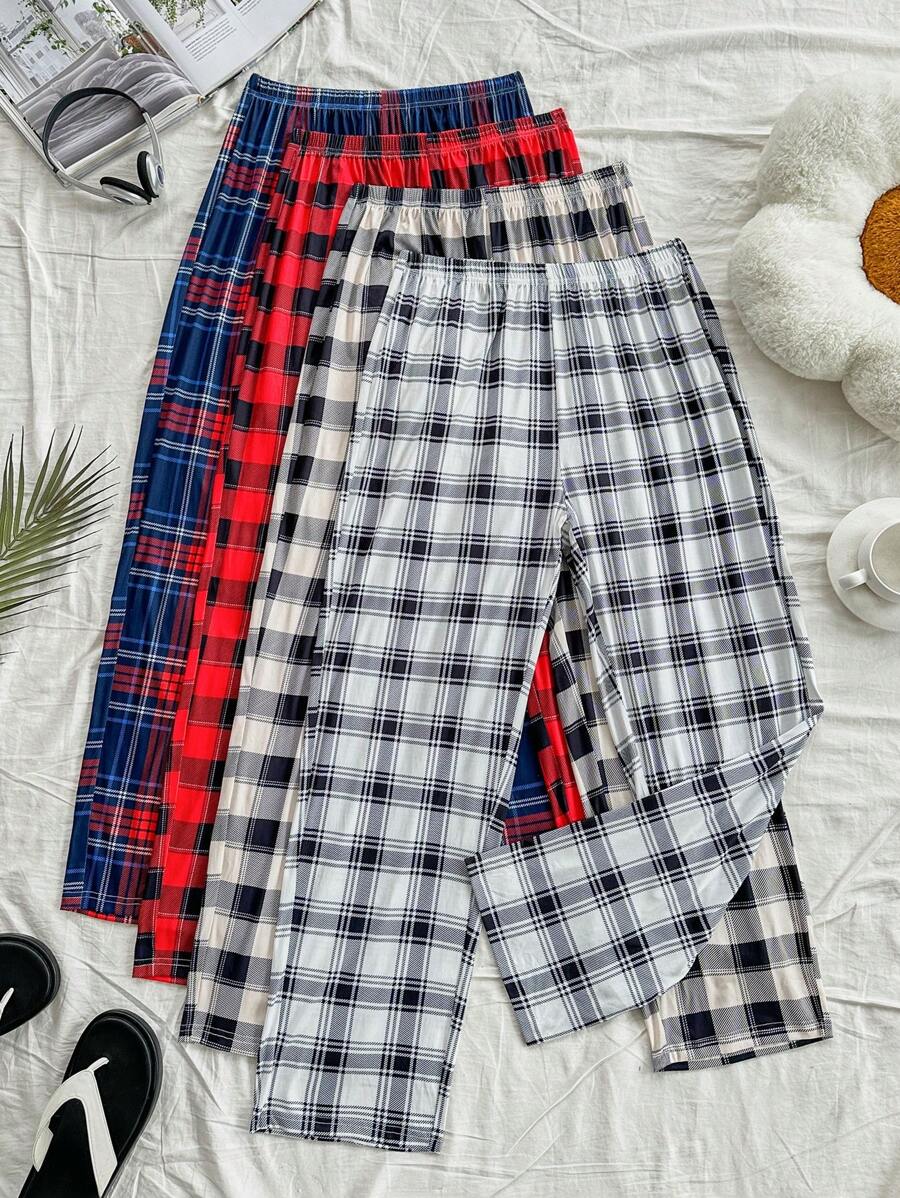 4pcs Contrast Plaid Casual Pants, Loose Drape Straight Leg Sleepwear Bottoms For Men, Summer, Fall Clothes - Multicolor - View 1