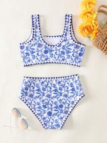 2pcs/Set Tween Girls Printed Tankini Swimsuits, Casual Resort Sports Stylish & Versatile - Multicolor - View 2